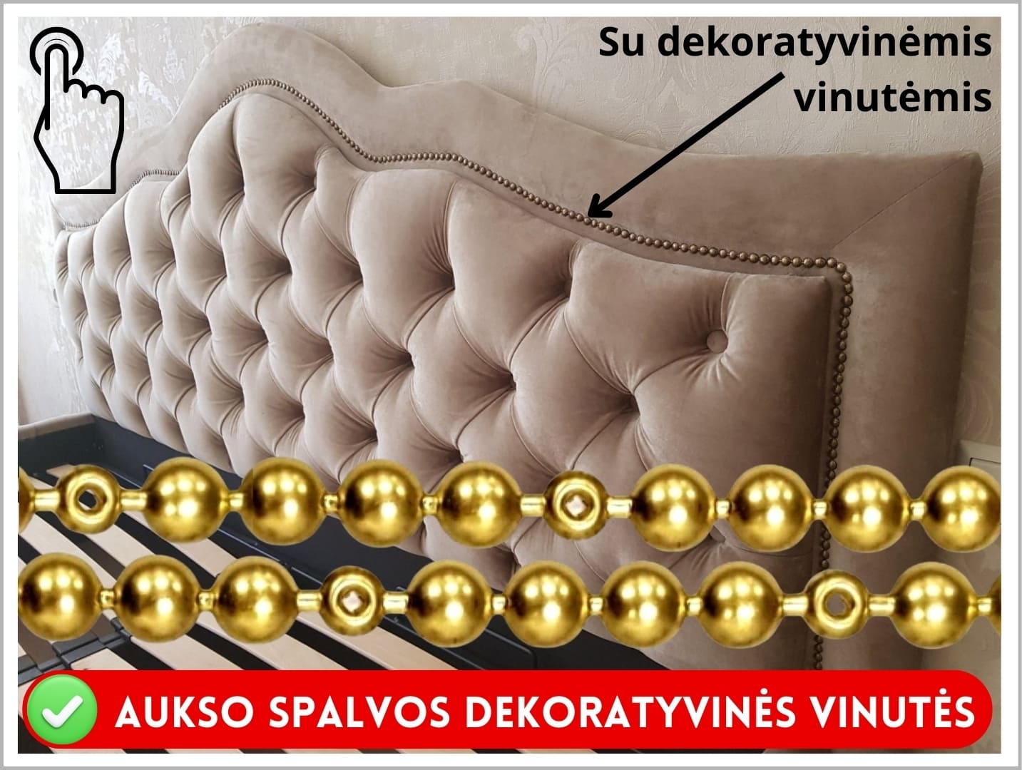 Su aukso spalvos dekoratyvinėmis vinutėmis ant galvūgalio