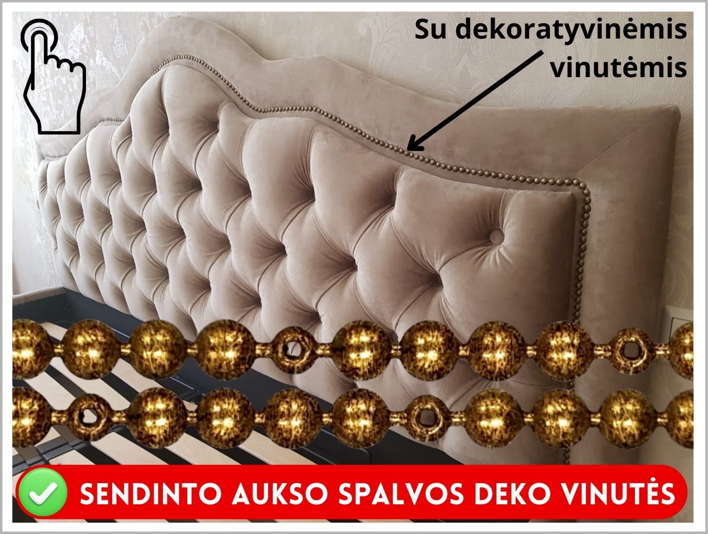 Su sendinto aukso spalvos dekoratyvinėmis vinutėmis ant galvūgalio