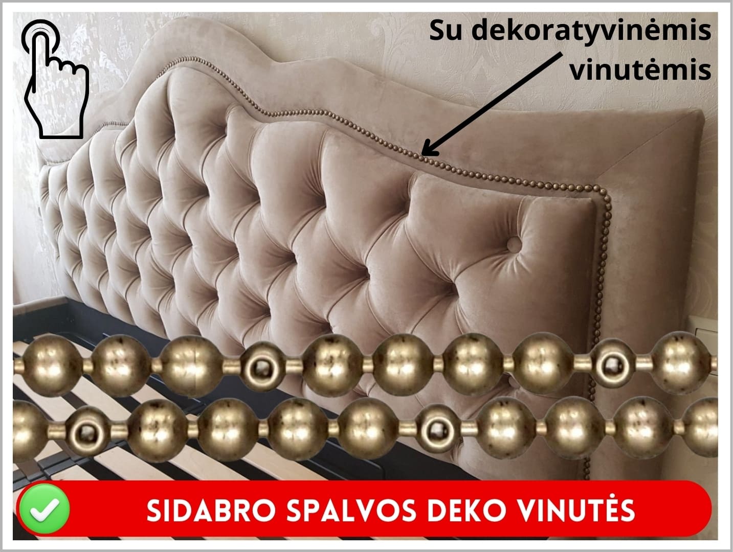 Su sidabro spalvos dekoratyvinėmis vinutėmis ant galvūgalio